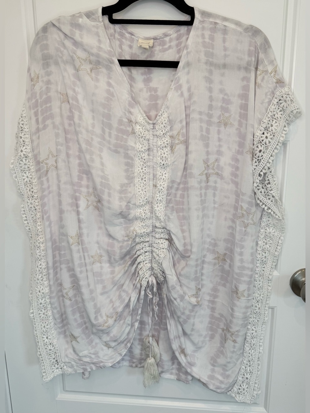 Surf Gypsy Tassel Top Cover Up Grey Ivory Tie-dye Metallic Stars Size Small